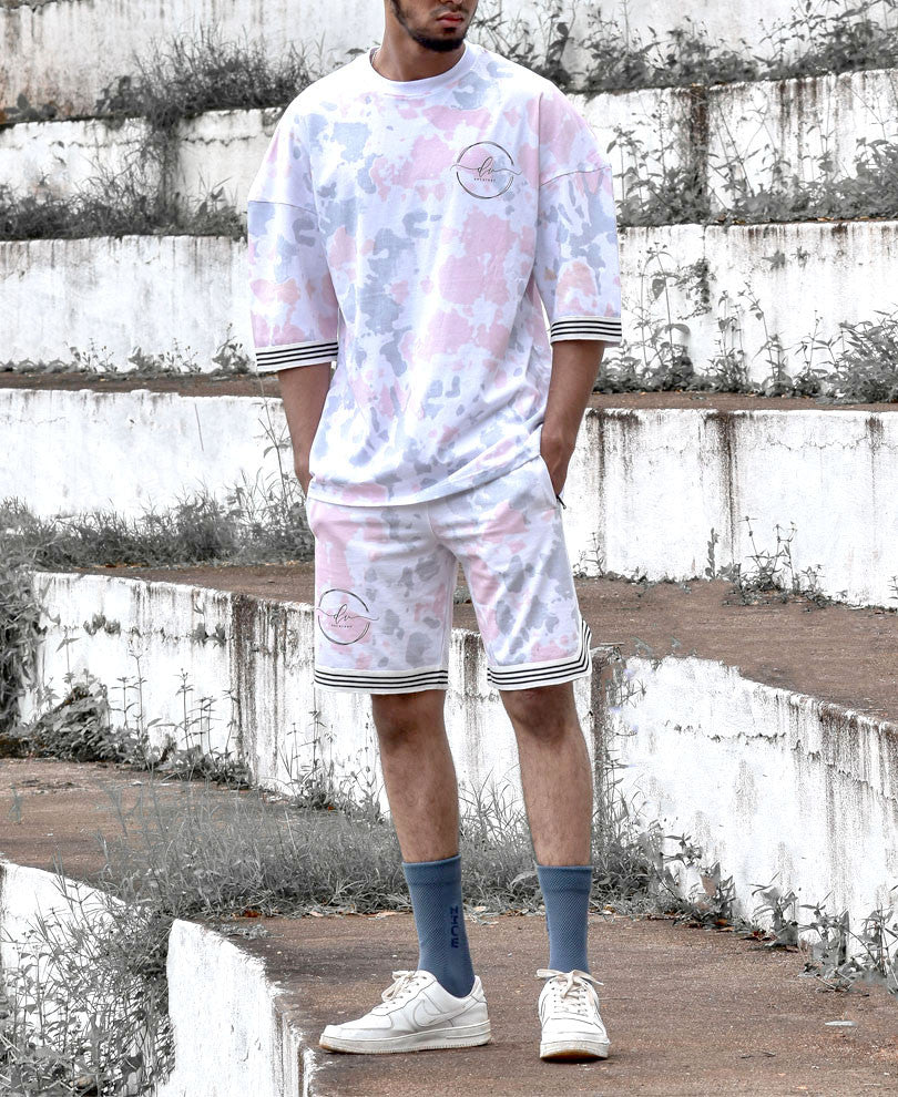 White and Pink Stripe Tie-Dye Oversize Drop Shoulder Shorts Set