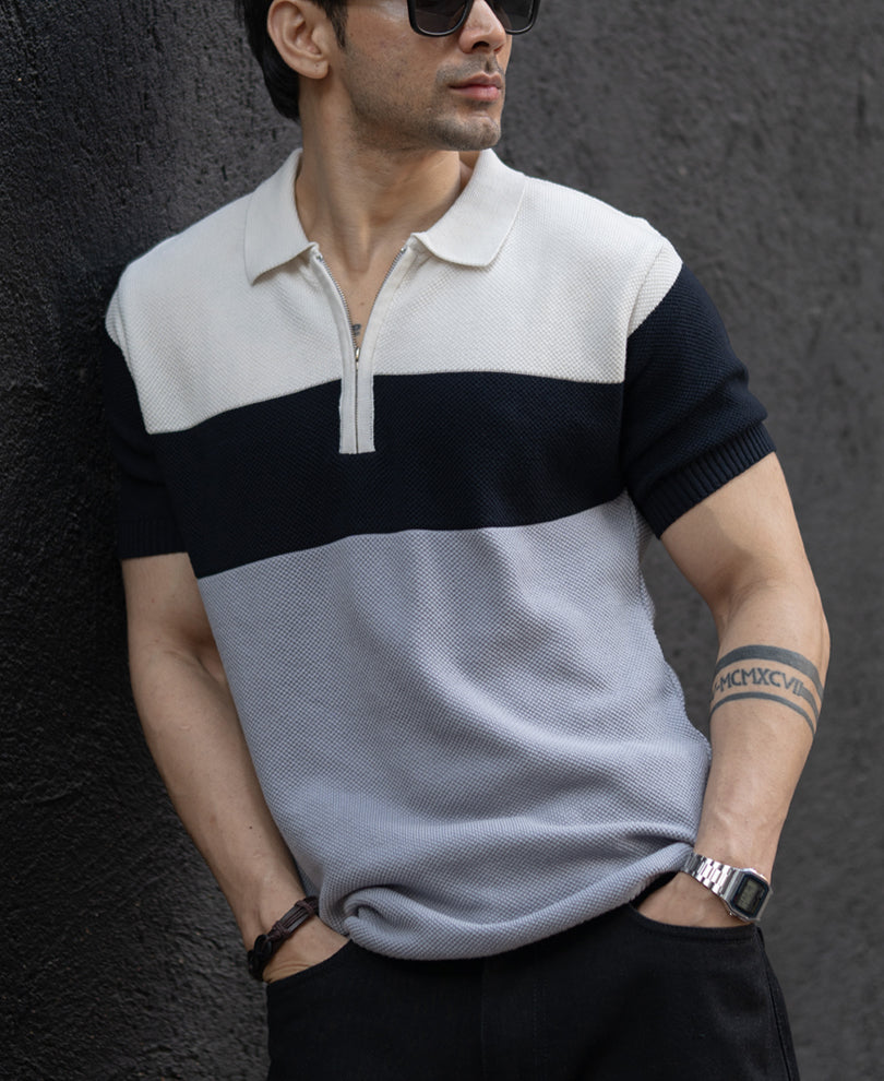 Grey & Navy Knit Stripe T-Shirt