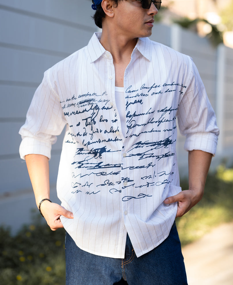 White Typography Print Stripe Shirt.