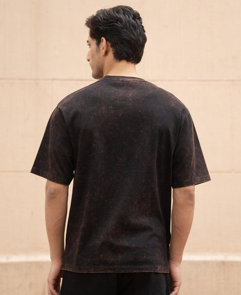 Dark Brown Washed Printed Oversized T-Shirt