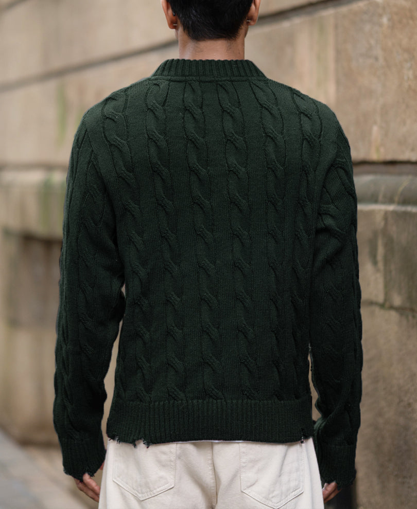Pine Distressed Cable Knit Sweater