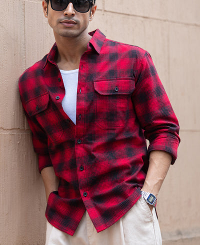 Red Double Pocket Checks Shirt