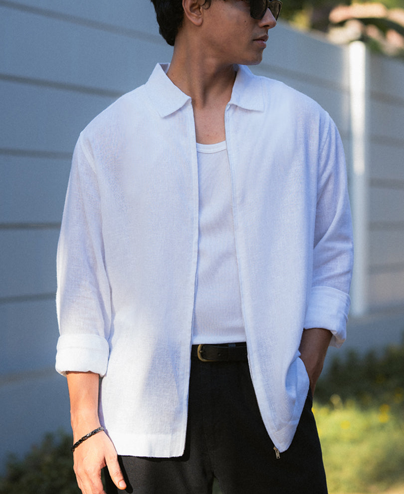 White Linen Blend Zipper Shirt