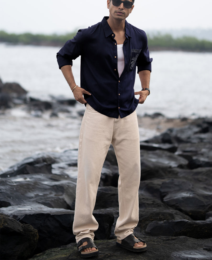 Navy Linen Blend Embroidery Shirt.