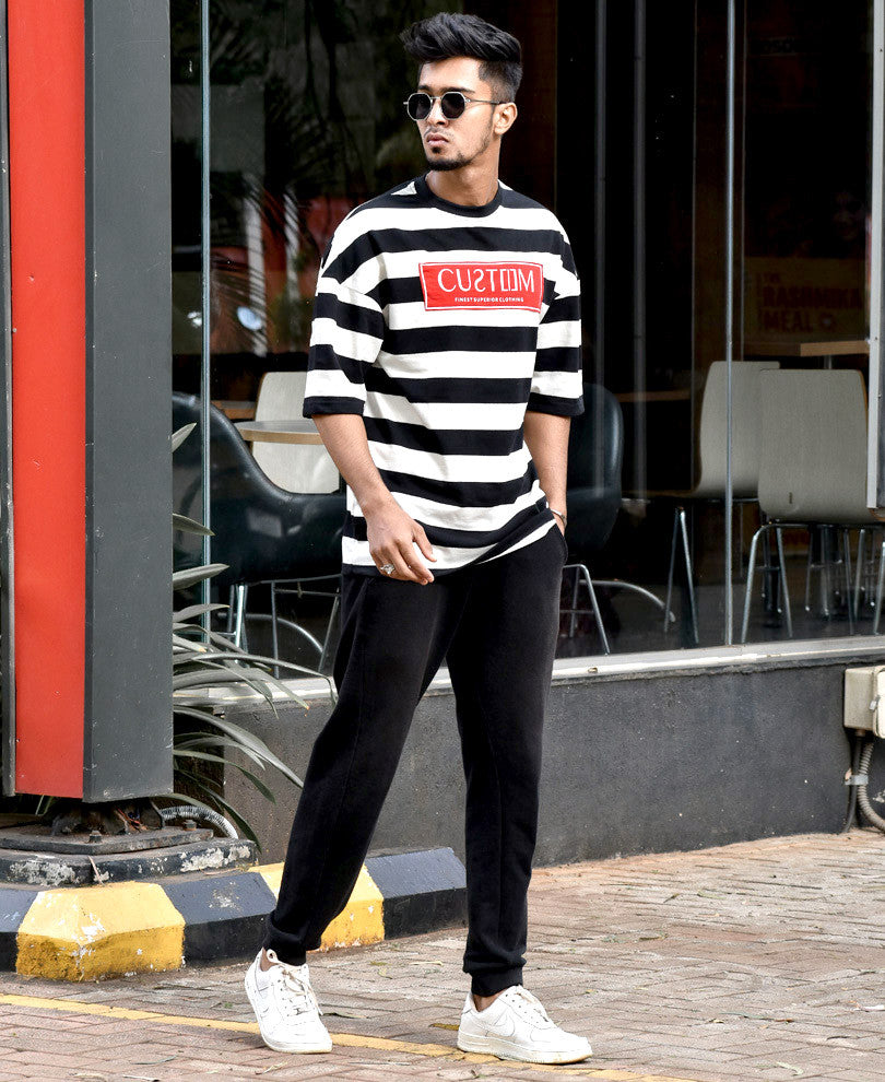 Black and Cream Custom Print Oversize Drop Shoulder T Shirt