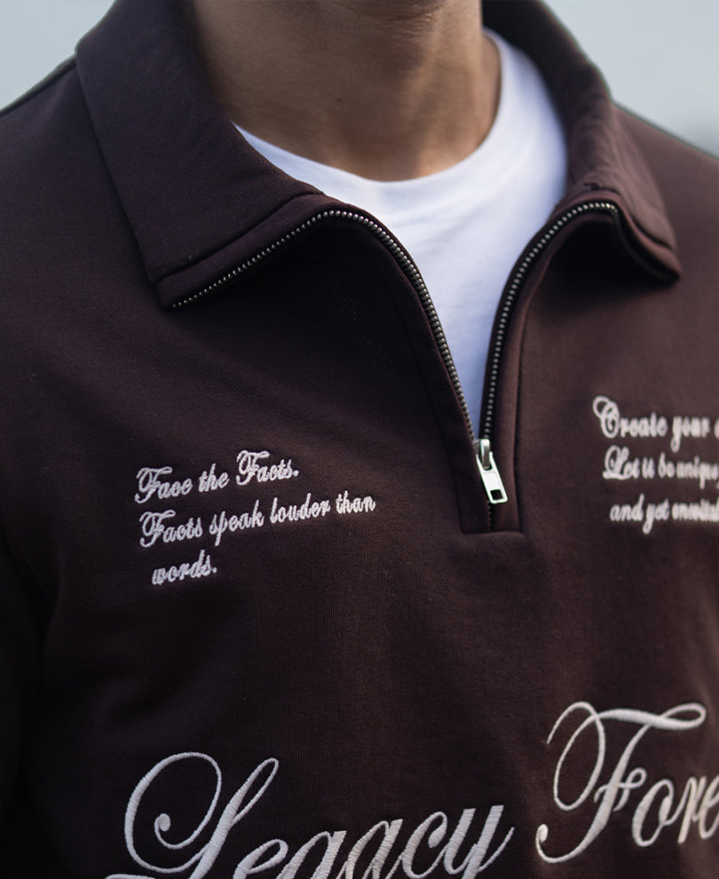 Brown Embroidered Quarter Zip Sweatshirt