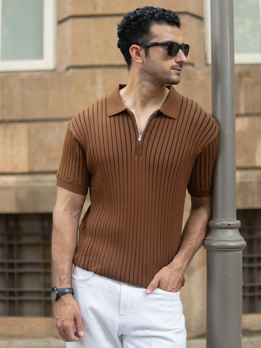 Brown Striped Knit Polo T-Shirt