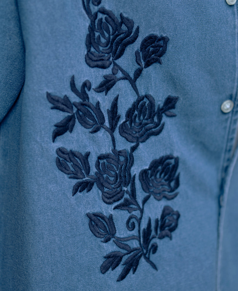Mid Blue Embroidered Denim Shirt.