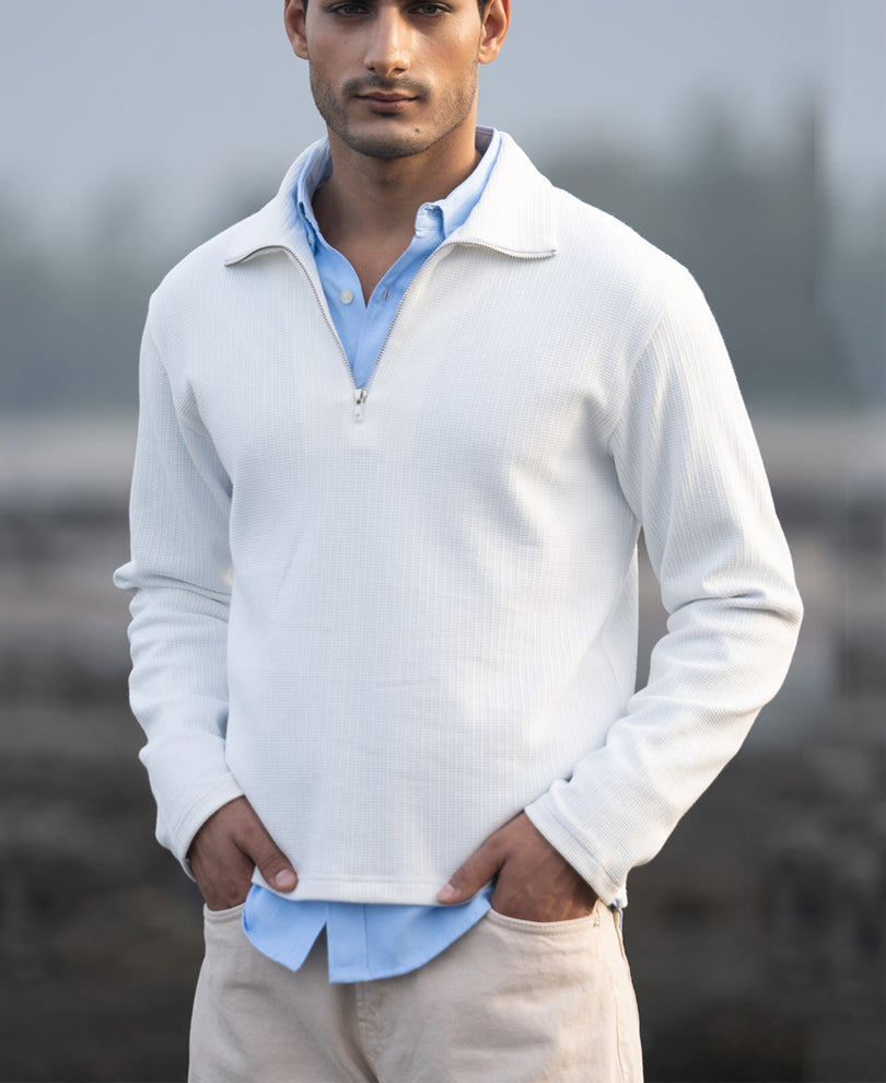 White Structure Zipper T-Shirt.