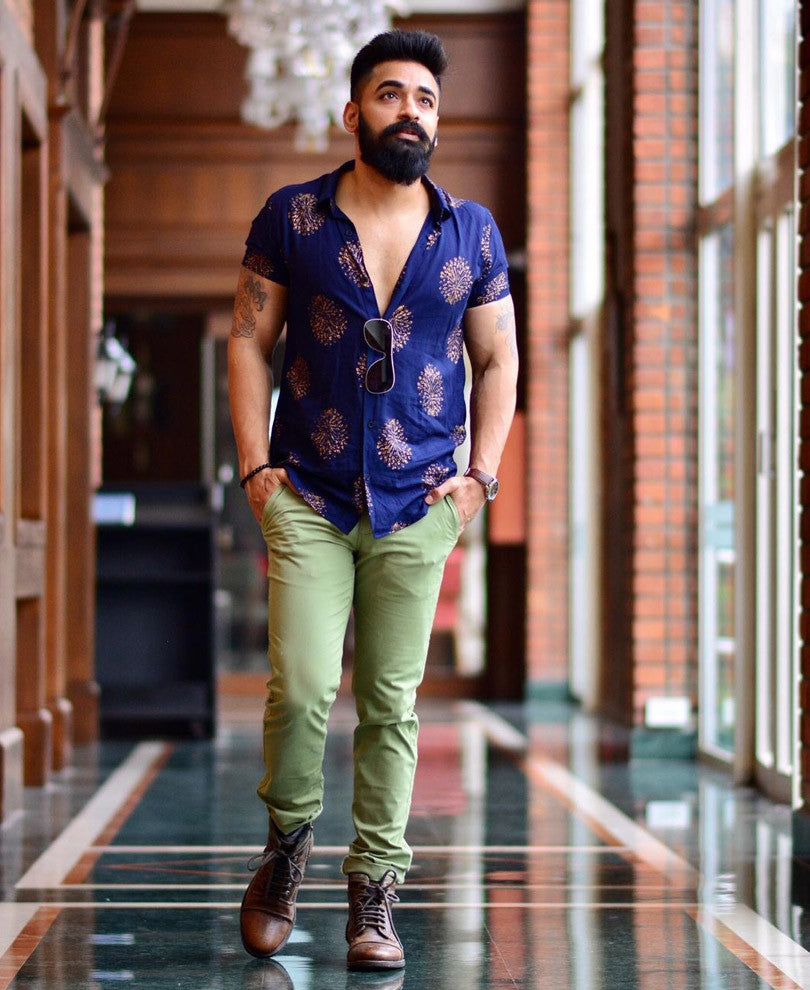 Urban Navy Blue Printed Half Sleeves Shirt