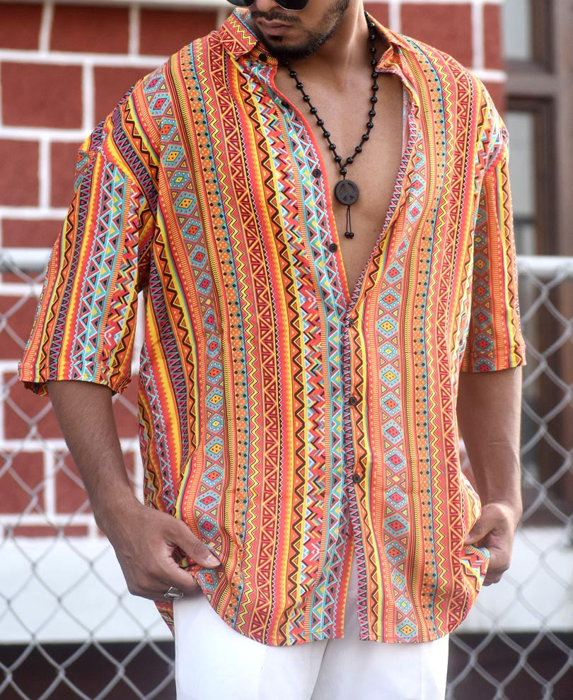 Orange Ethnic Print Oversize Drop Shoulder Shirt