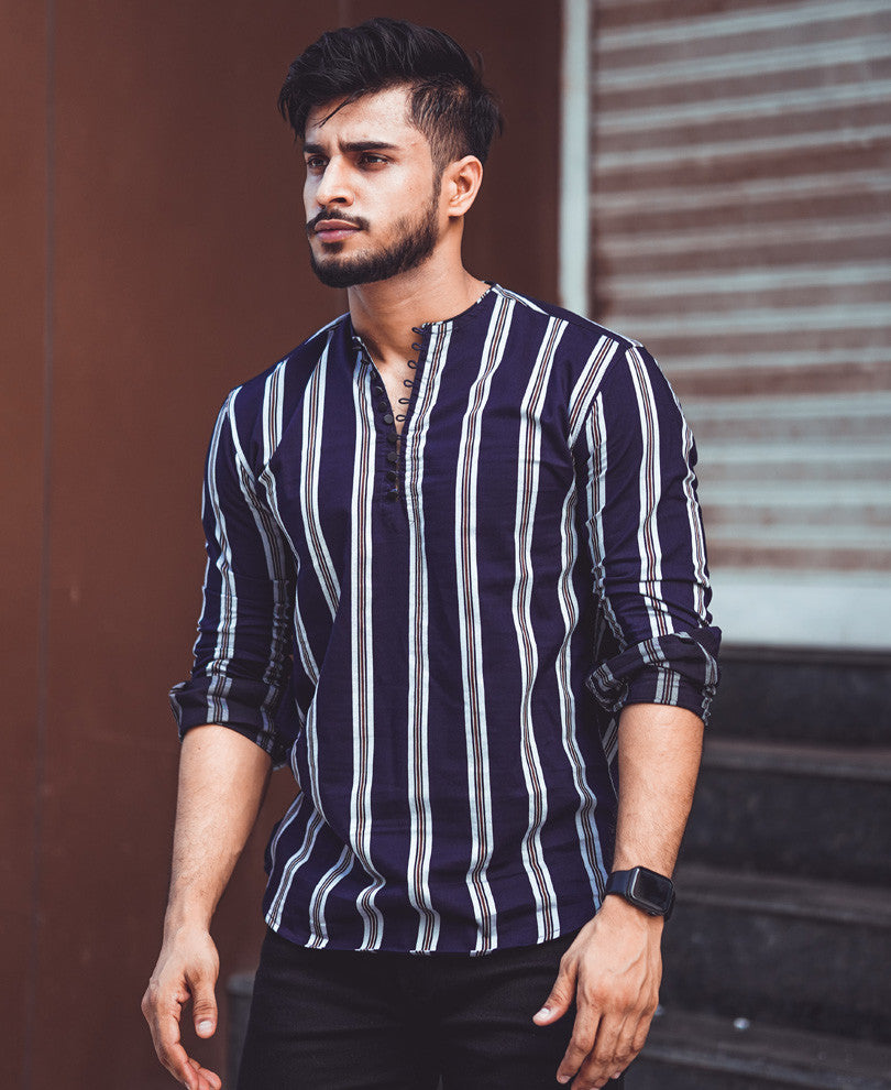 Navy Blue Vertical Stripe Kurta Full Sleeves Shirt