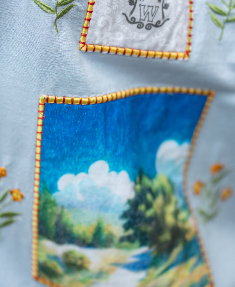 Blue Linen Blend Embroidered Shirt.