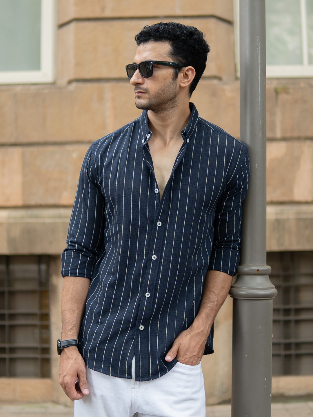 Dark Blue Flowy Striped Shirt