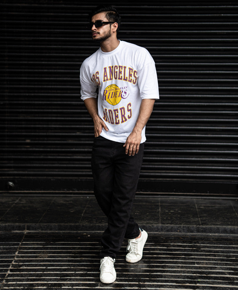 White Los Angeles Riders Print Oversize Drop Shoulder T Shirt