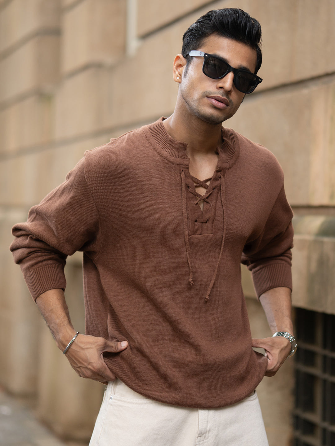 Dark Tan Knitted Henley T-Shirt