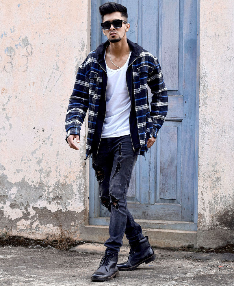 Navy Blue And White Checks Overshirt Hood Jacket With Zip