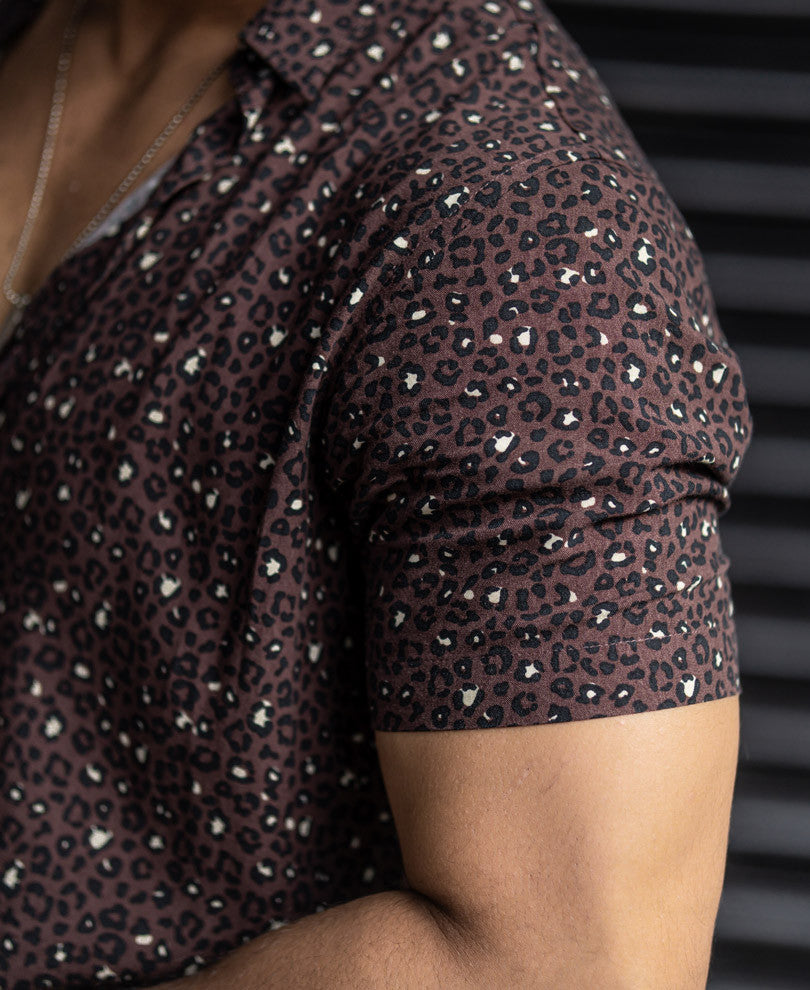 Dark Brown Leopard Print Half Sleeves Shirt