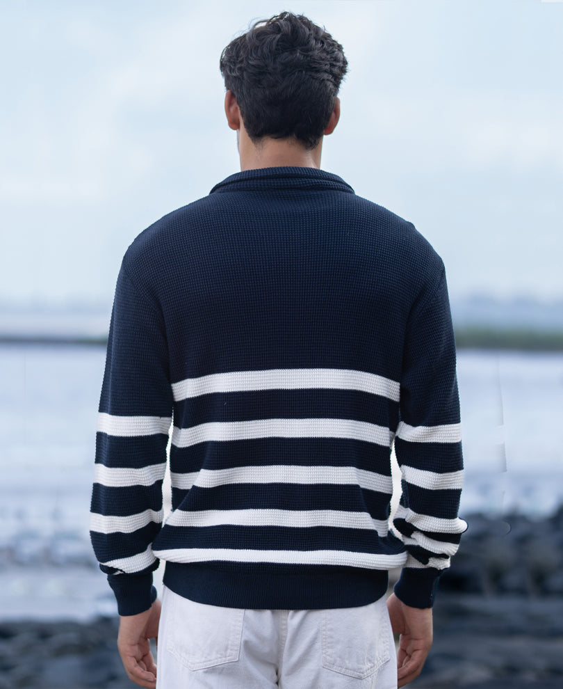Navy Striped Zipper Neck Sweater