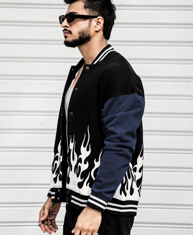 Black Flames Varsity Oversize Drop Shoulder Jacket