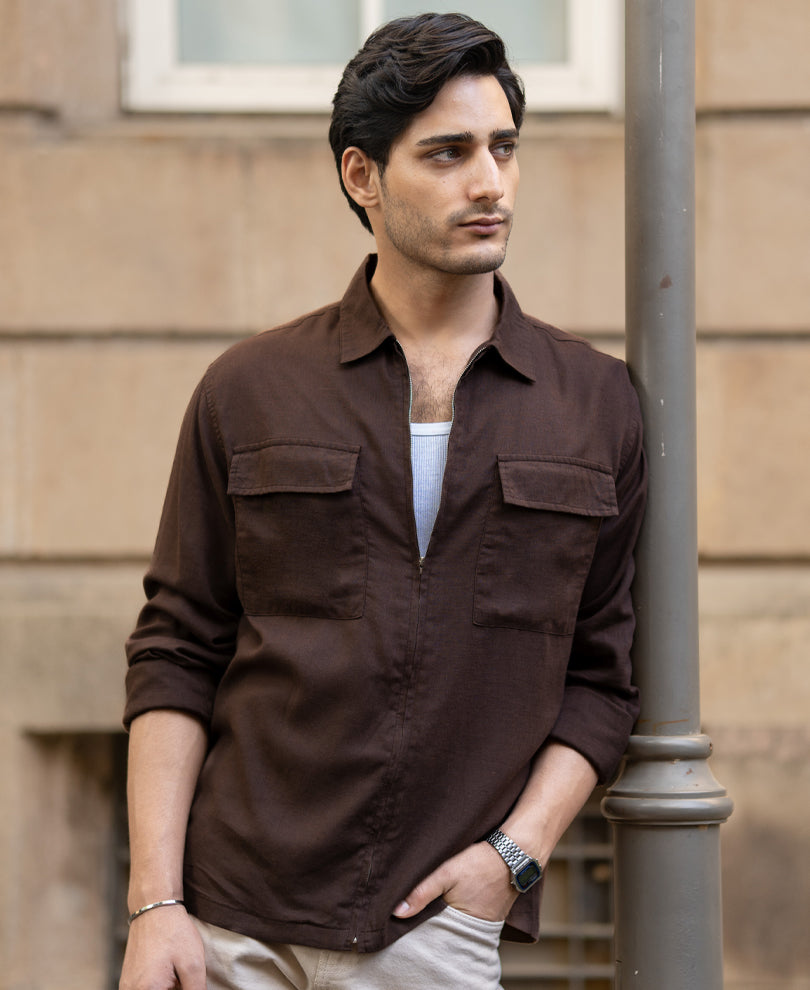 Coffee Brown Linen Blend Zipper Shirt
