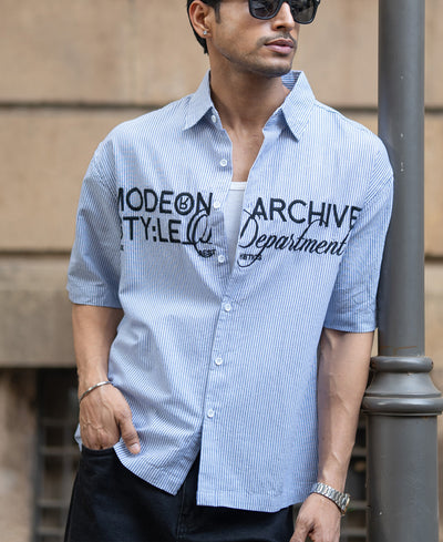 Sky Blue Stripe Embroidered Shirt