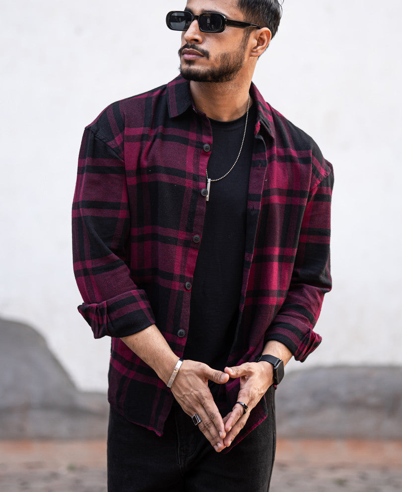 Maroon Plaid Checks Oversize Drop Shoulder Shirt