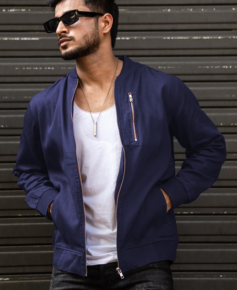 Navy Blue Chest Pocket Bomber Jacket