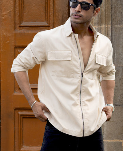 Light Beige Structured Zipper Overshirt