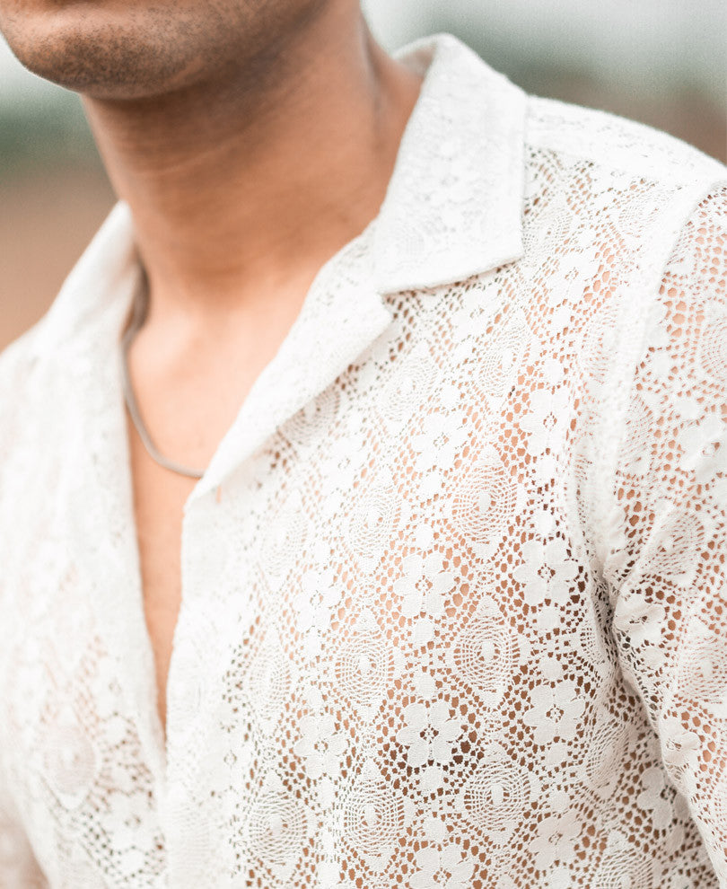 White Sheer Pattern Full Sleeves Shirt