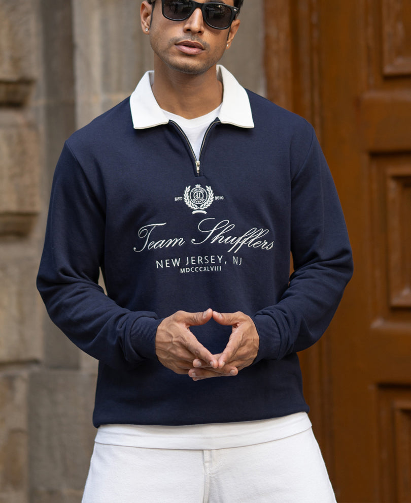 Navy Contrast Collar Embroidered Sweatshirt