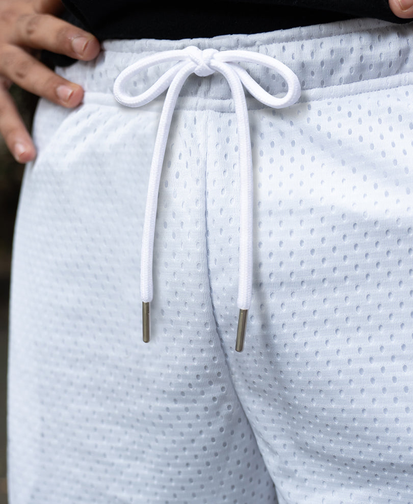 White Embroidered Mesh Basketball Shorts.