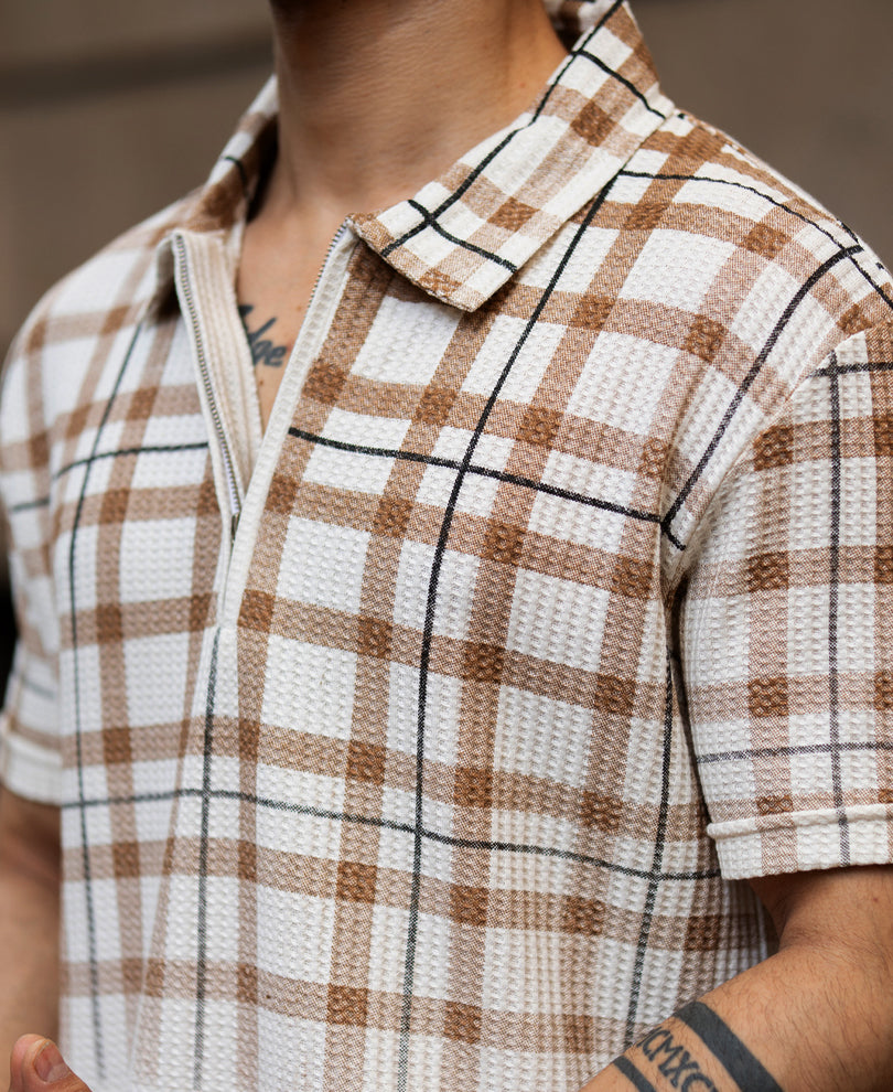 Beige Checks Print T-Shirt.