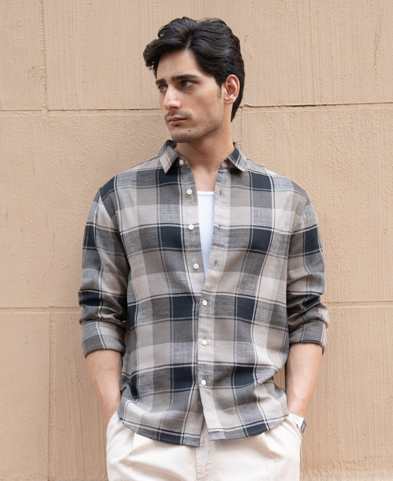 Olive & Black Structured Checks Shirt.