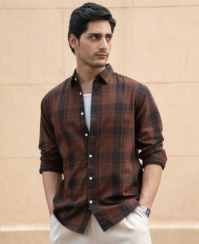 Dark Brown Structured Checked Shirt