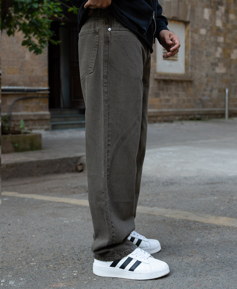 Dark Olive Washed Baggy Jeans.
