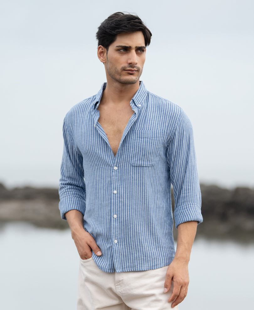 Blue Linen Blend Stripe Shirt