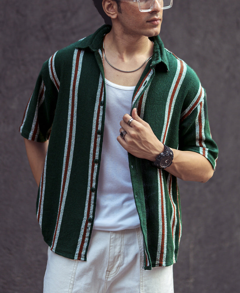 Olive Green Vertical Stripes Oversize Drop Shoulder Shirt