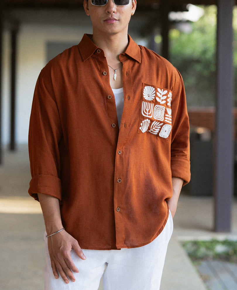 Rust Linen Blend Embroidered Shirt