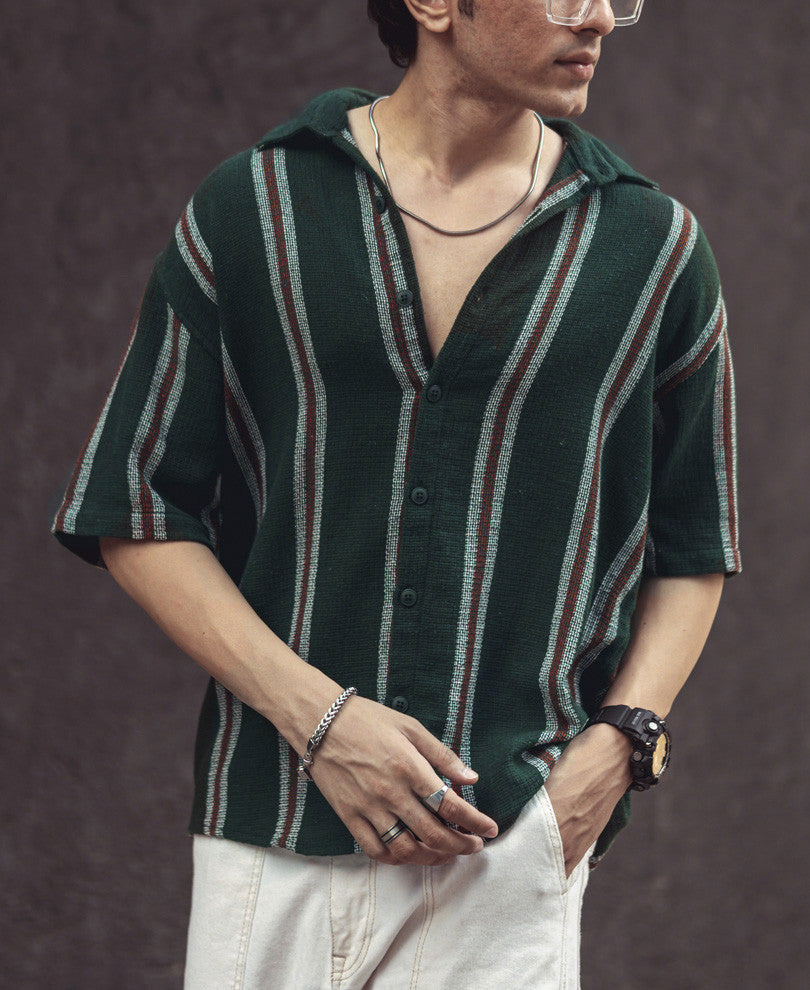 Olive Green Vertical Stripes Oversize Drop Shoulder Shirt