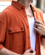 Orange Flap Pocket Knitted Shacket Oversize Drop Shoulder Shirt