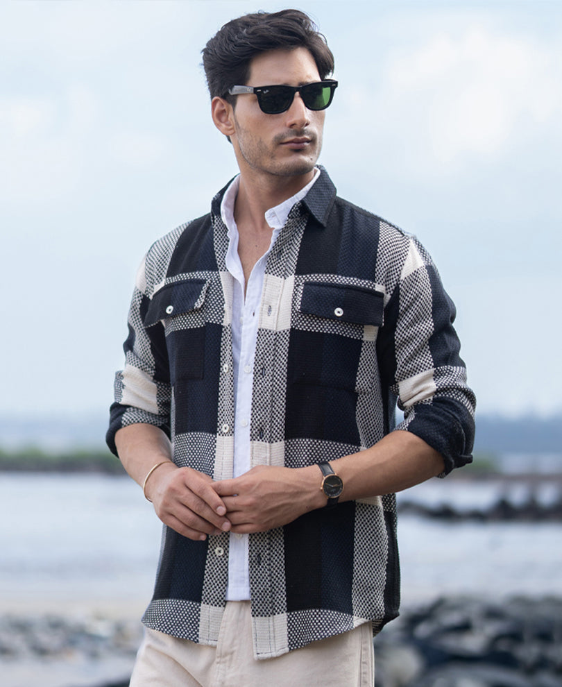 Navy Structured Checked Shirt.