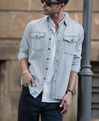 Grey Denim Shacket With Pockets