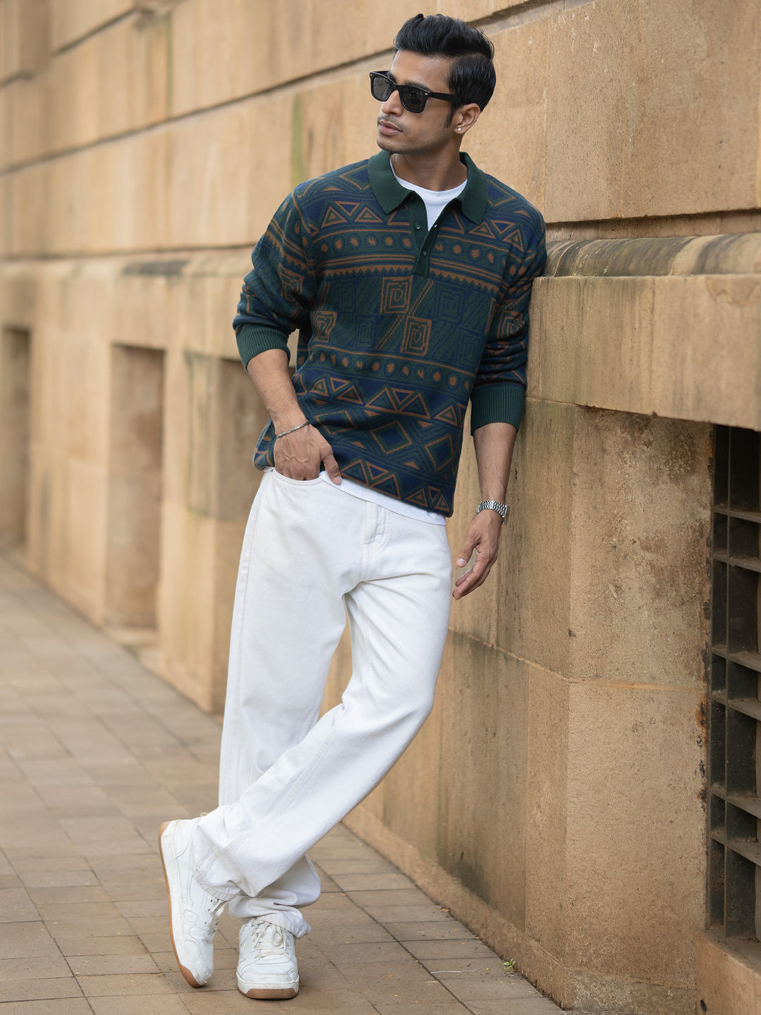 Multicolour Geometric Jacquard Knit T-Shirt