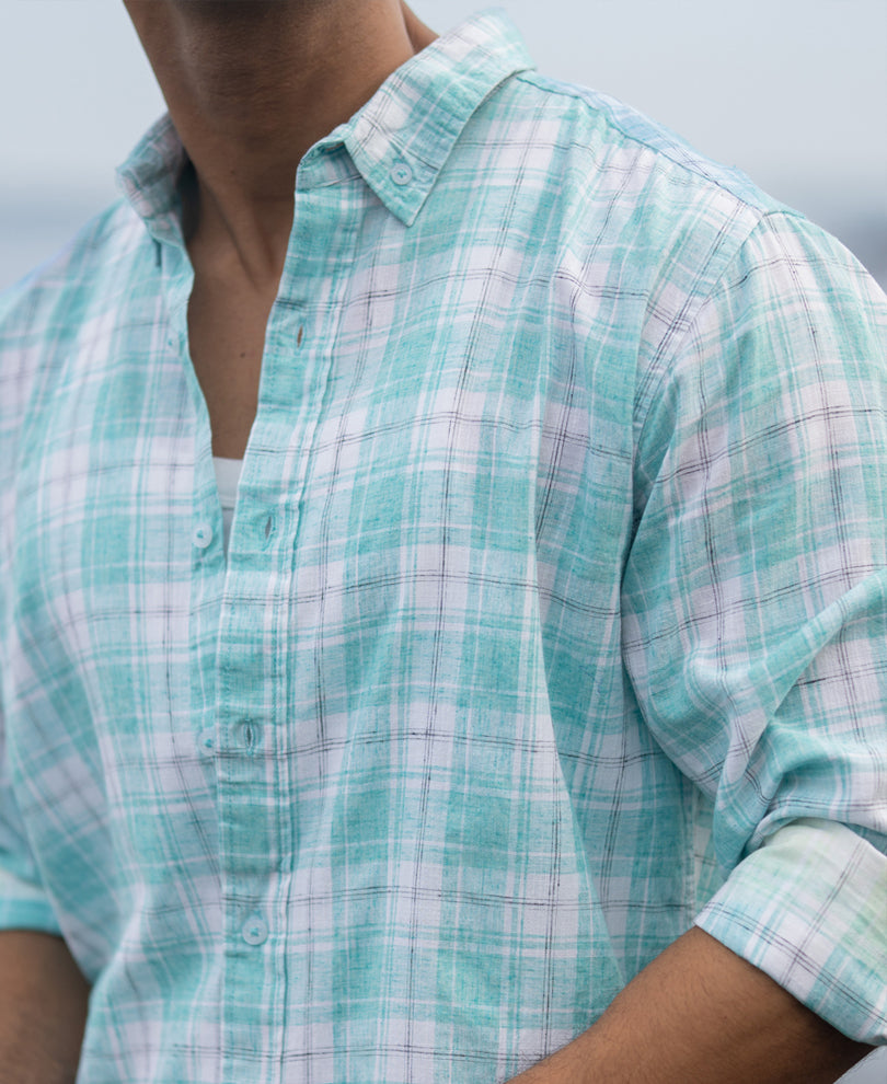 Aqua Blue Light Weight Ombre Checks Shirt