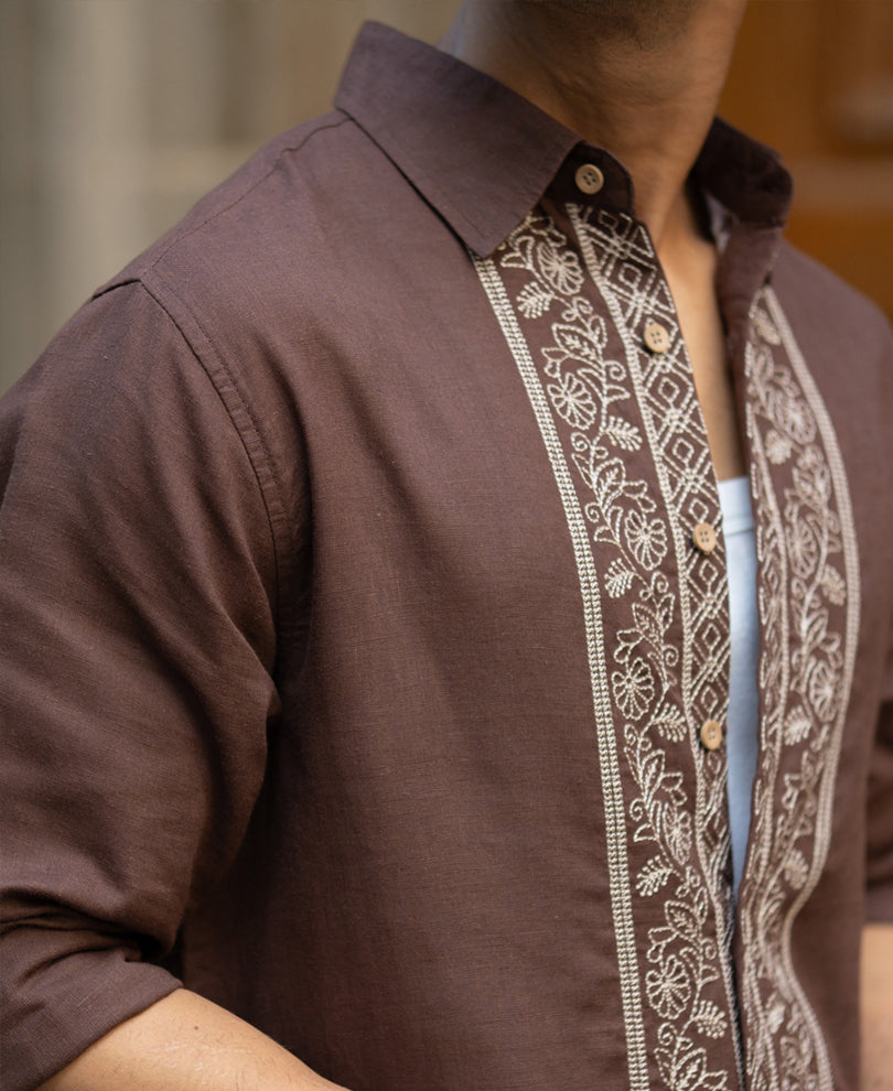 Dark Brown Linen Blend Embroidery Shirt