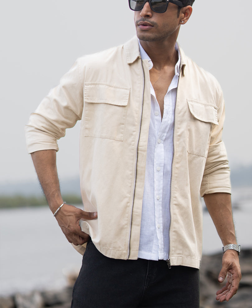 Light Beige Structured Zipper Overshirt