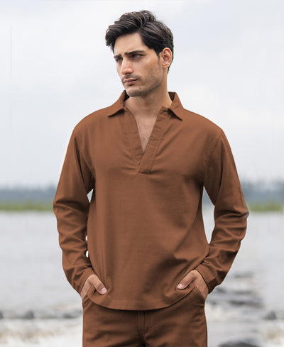 Brown Striuctured Cotton Kurta Shirt