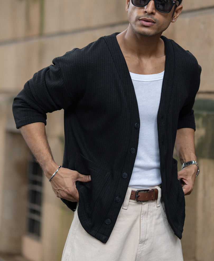 Black Structured Knit Cardigan.