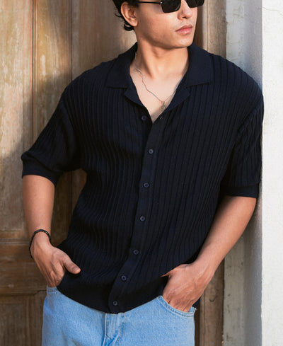 Navy Rib Knit Shirt.